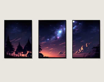3 Piece Night Sky Art Prints, Starry Sky Canvas Prints, Abstract Sky Painting Print
