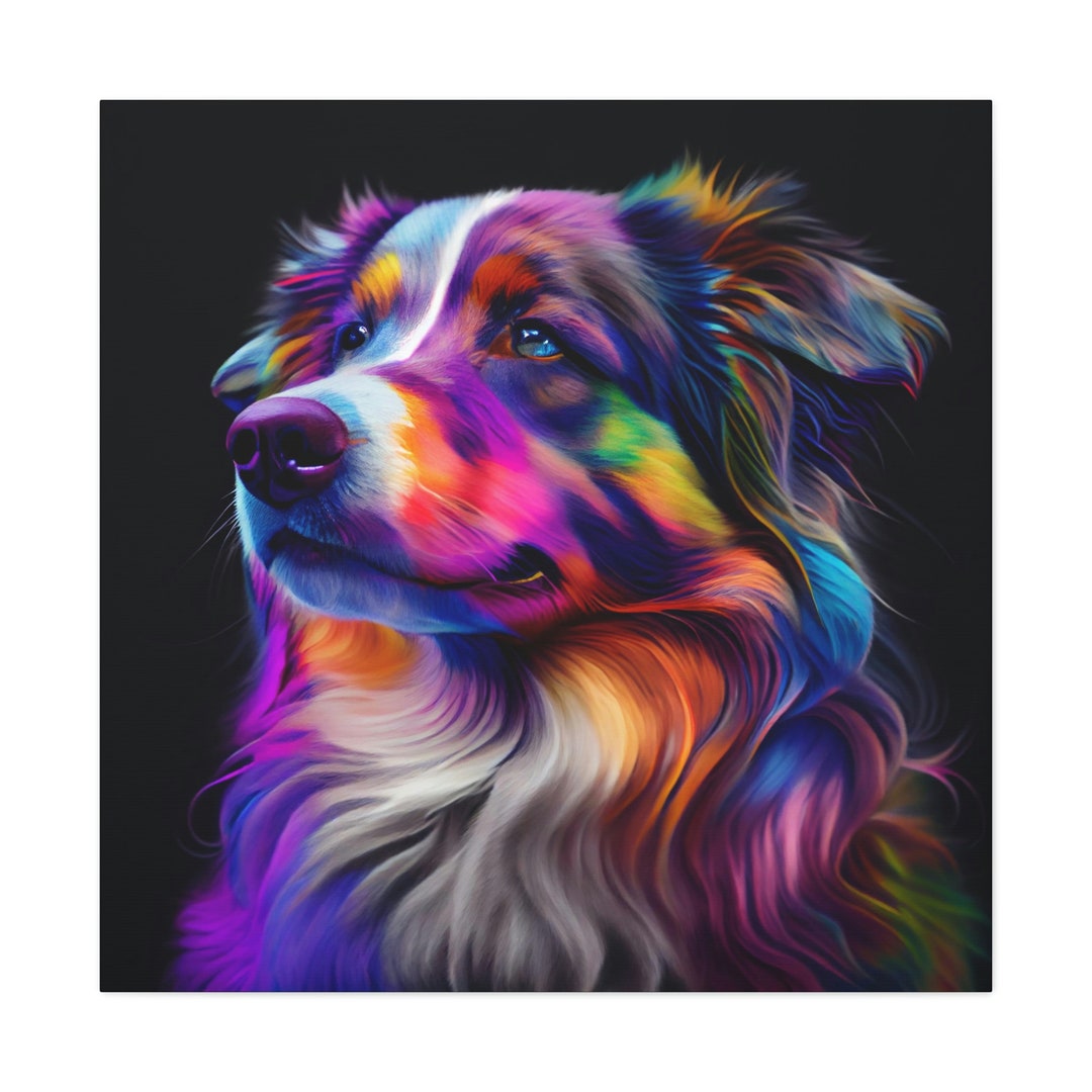 Australian Shepherd Painting on Canvas, Colorful Dog Wall Art