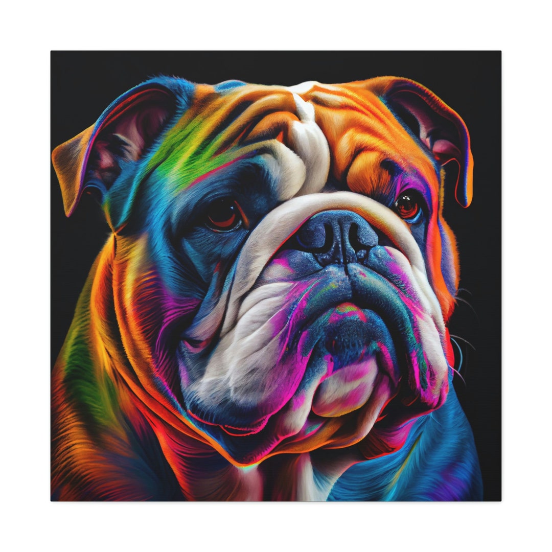 English Bulldog Painting on Canvas, Abstract Colorful Neon Dog Wall Art