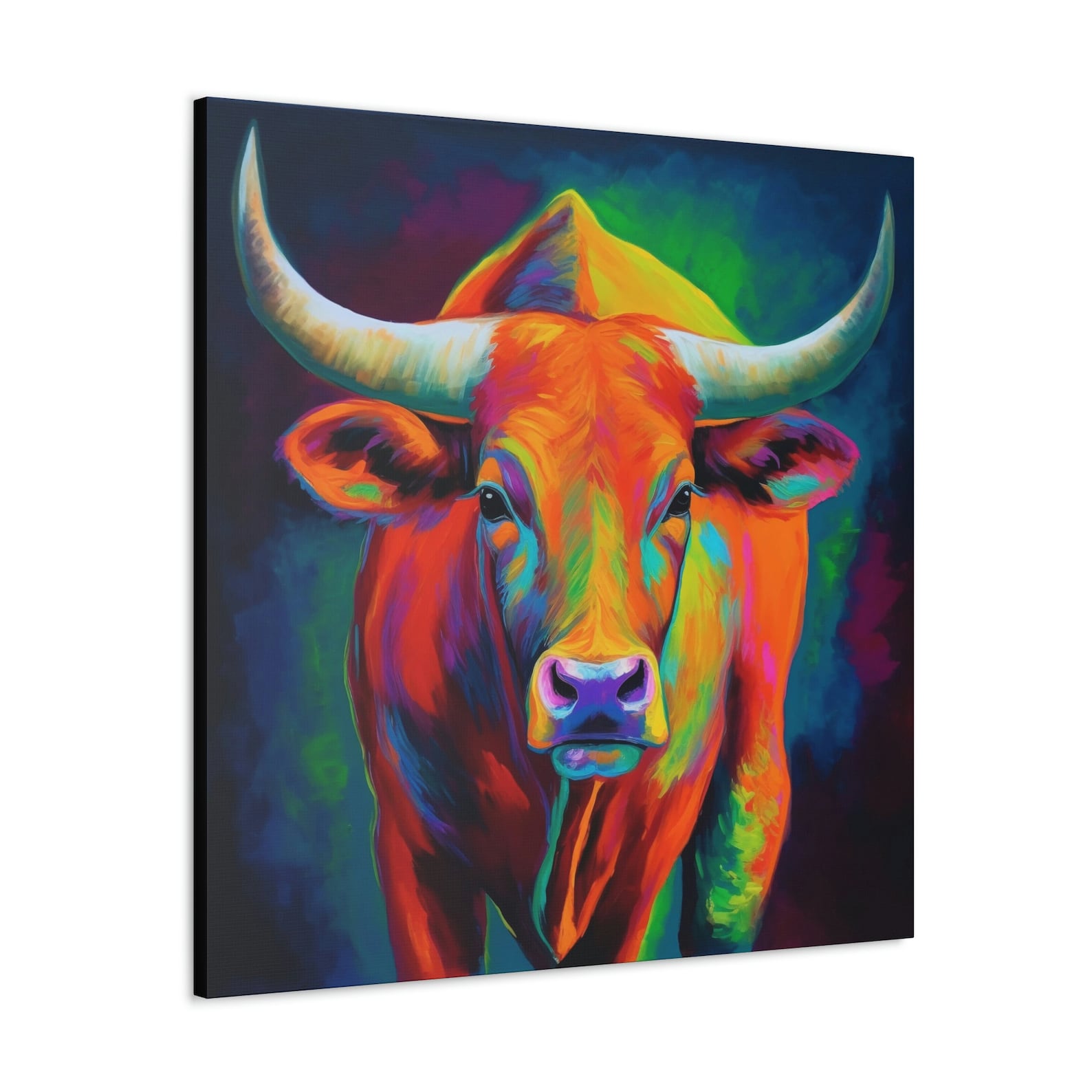 Abstract Colorful Bull Painting on Canvas, Longhorn Wall Art, Bull Wall