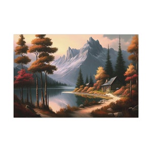 Impresión de lienzo de paisaje de bosque de montaña, pintura de arte de pared de montaña, cartel de bosque de montaña