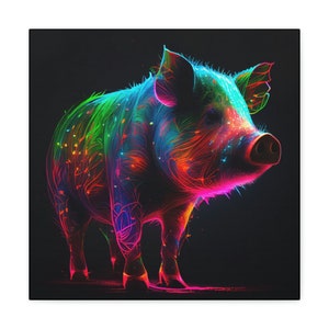 Abstract Colorful Neon Pot Belly Pig Painting on Canvas, Pig Wall Art, Pig Poster Wall Decor