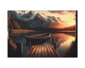 May include: A wooden dock extends over a still lake with a small wooden boat tied to it. The lake is surrounded by snow-capped mountains and a forest. The sky is a vibrant orange and yellow, suggesting a sunset.