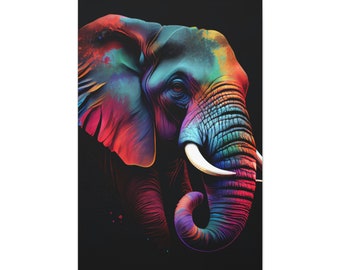 May include: A close-up of an elephant's head with a colorful, abstract paint design. The elephant's trunk is curled up, and its tusks are white.
