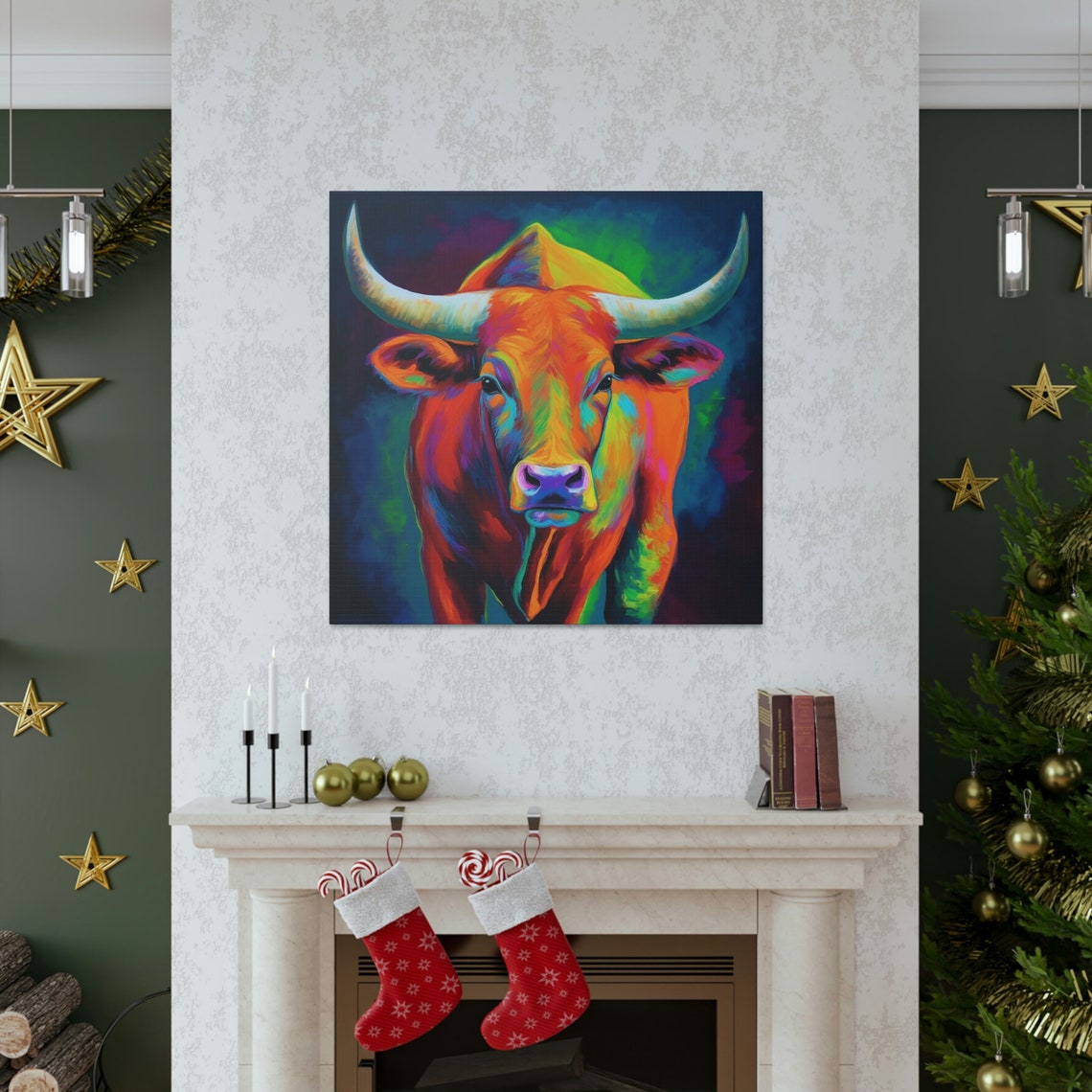Abstract Colorful Bull Painting on Canvas, Longhorn Wall Art, Bull Wall