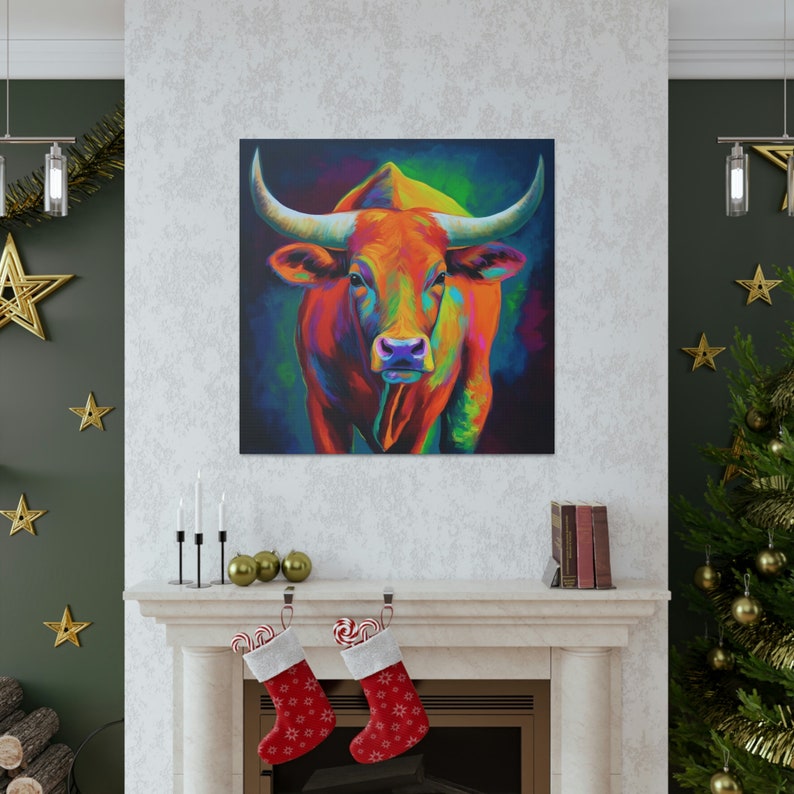Abstract Colorful Bull Painting on Canvas, Longhorn Wall Art, Bull Wall