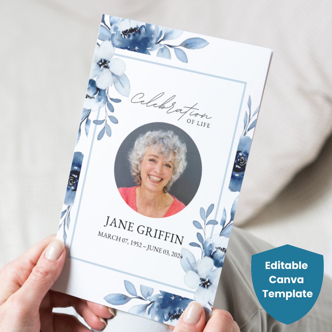Elegant Blue Flowers Funeral Program Canva Editable Templates Etsy