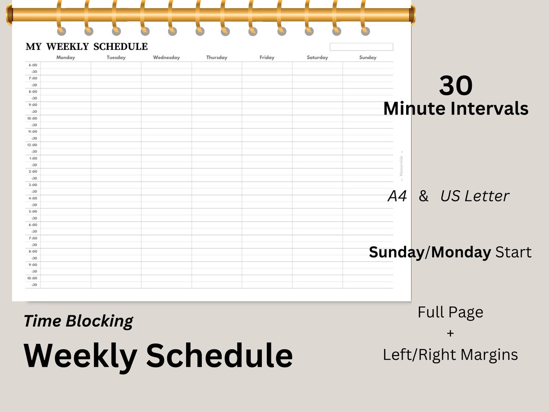 Weekly 30 Minute Schedule Printable Half Hour Time Blocking - Etsy
