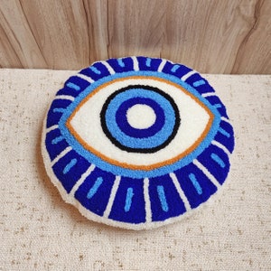 Evil Eye Round Pillow, Blue Embroidered Textured Boho Decorative Throw Pillow Case, Round pillows, Good Luck Pillows