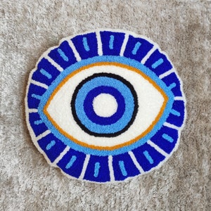 Evil Eye Round Pillow, Blue Embroidered Textured Boho Decorative Throw Pillow Case, Round pillows, Good Luck Pillows
