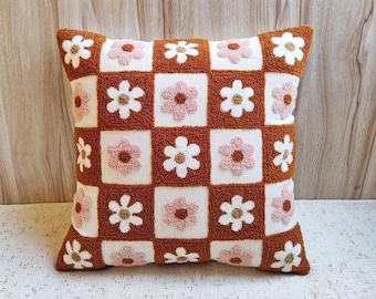 Daisy Flower geruite kussensloop, roest en roze geborduurde textuur boho decoratieve sierkussenhoes, bloemen kussenhoes