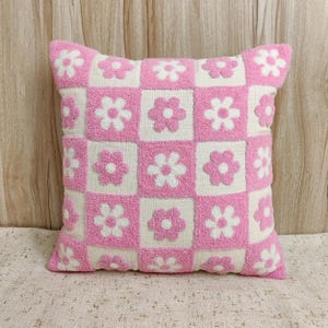 Beautiful daisy Flower Checkered Pillow Cover, pink and white Embroidered Textured Boho Decorative Throw Pillow Case, Floral Cushion Cover