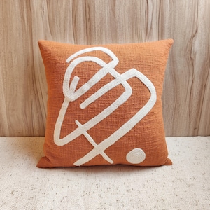 Rust Orange & Ivory Abstract Pillows, Full Embroidered Textured Boho Art Decorative Throw Pillow Case, Boho Pillows, Accent Pillows