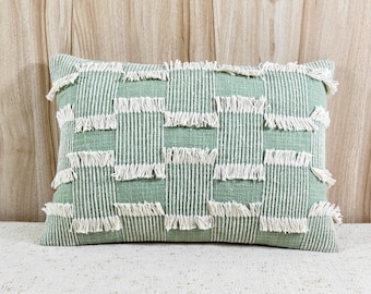 Hand Embroidered 100% Cotton Boho Decorative Throw Pillow Cover, Textured Cushion Cover, Sage Green Ivory Abstract Handmade Pillows