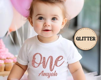 Outfit för första födelsedagen, anpassat namn för första födelsedagen, outfit för första födelsedagens flicka, Cake Smash-outfit, outfit för första födelsedagen, rosa och guld födelsedag