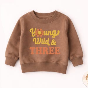 Op de afbeelding: Een bruine sweatshirt met de tekst "Young Wild & THREE" in geel en oranje. Het woord "Young" heeft een bloemengrafiek. De sweatshirt is ontworpen voor kinderen.