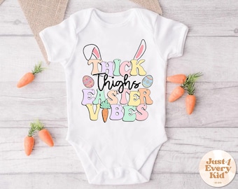 Body bébé avec cuisses épaisses vibrations de Pâques, mes premières Pâques, lapin de Pâques rigolo, cadeau mignon pour bébé, t-shirt drôle pour enfant, chemise pour tout-petit, tenue pour bébé