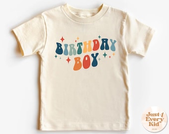 Geburtstagsjunge-Kleinkind-Shirt, Geburtstags-Junge-natürliches Säugling, gewellte Buchstaben-Jungen-Geburtstags-Hemd, Regenbogen-natürliches Kleinkind-T-Stück, Retro Kinderhemd