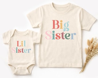 Magliette per bambini piccoli Big Sister Lil Sister, maglietta retrò per bambini, maglietta naturale per bambini piccoli Sibling, maglietta Big Sis, maglietta Lil Sister, vestito Little Sister, Big Sister