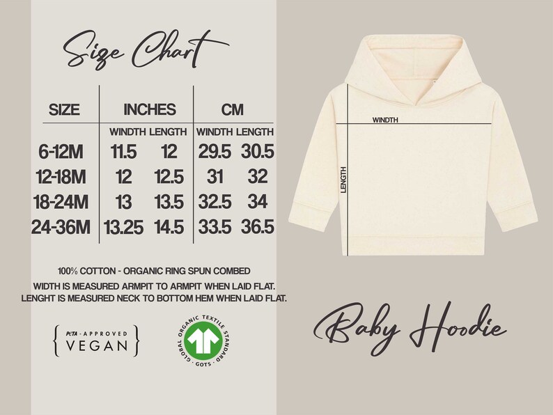 K&ouml;nnte beinhalten: Gr&ouml;&szlig;entabelle f&uuml;r einen Baby-Hoodie in den Gr&ouml;&szlig;en 6-12 Monate bis 24-36 Monate. Die Tabelle zeigt die Ma&szlig;e in Zoll und Zentimetern f&uuml;r Breite und L&auml;nge. Der Hoodie besteht aus 100% Bio-Baumwolle und ist GOTS-zertifiziert. Der Text "Baby Hoodie" ist unten in der Tabelle kursiv geschrieben.