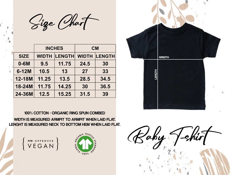 K&ouml;nnte beinhalten: Gr&ouml;&szlig;entabelle f&uuml;r ein Baby-T-Shirt mit Ma&szlig;en in Zoll und Zentimetern. Die Tabelle zeigt die Breite und L&auml;nge des Shirts f&uuml;r verschiedene Gr&ouml;&szlig;en von 0-6 Monaten bis 24-36 Monaten. Das Shirt besteht aus 100% Bio-Ringspinn-Baumwolle.