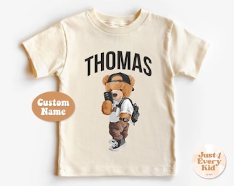 Aangepaste naam peuter shirt, gepersonaliseerd natuurlijk kinder shirt, jongensbody, natuurlijke peuter tees, teddybeer selfie shirt, aangepast babyshirt