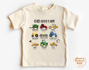 Camiseta de camión "Dios dice que soy" para niño, camisetas y monos cristianos para niño, camiseta bíblica para niño pequeño, camiseta de construcción para niño, camiseta cristiana para niño pequeño