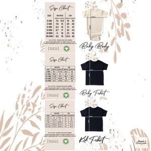 May include: Image features a size chart for baby and kid clothing, including bodysuits and t-shirts. Measurements are provided in inches and centimeters. The image also shows a cream-colored baby bodysuit and black t-shirts.