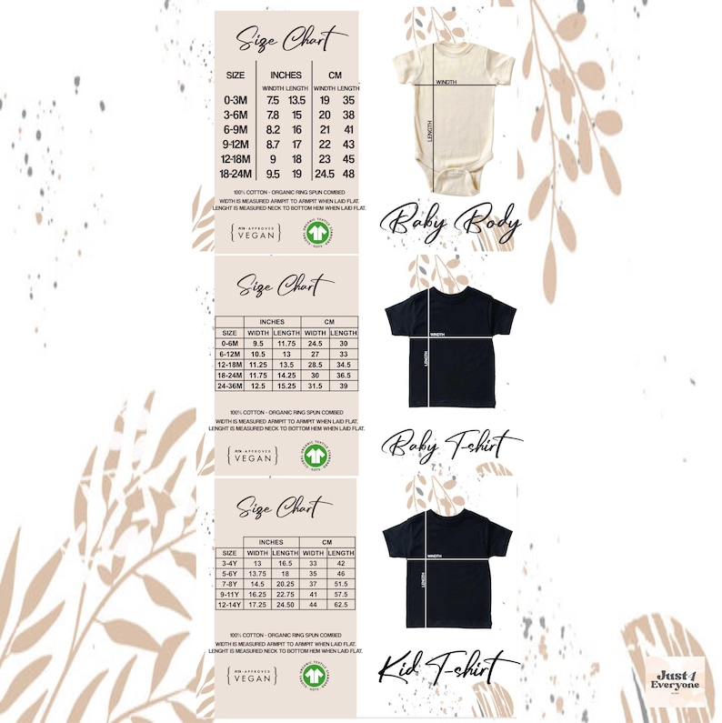 May include: Image features a size chart for baby and kid clothing, including bodysuits and t-shirts. Measurements are provided in inches and centimeters. The image also shows a cream-colored baby bodysuit and black t-shirts.
