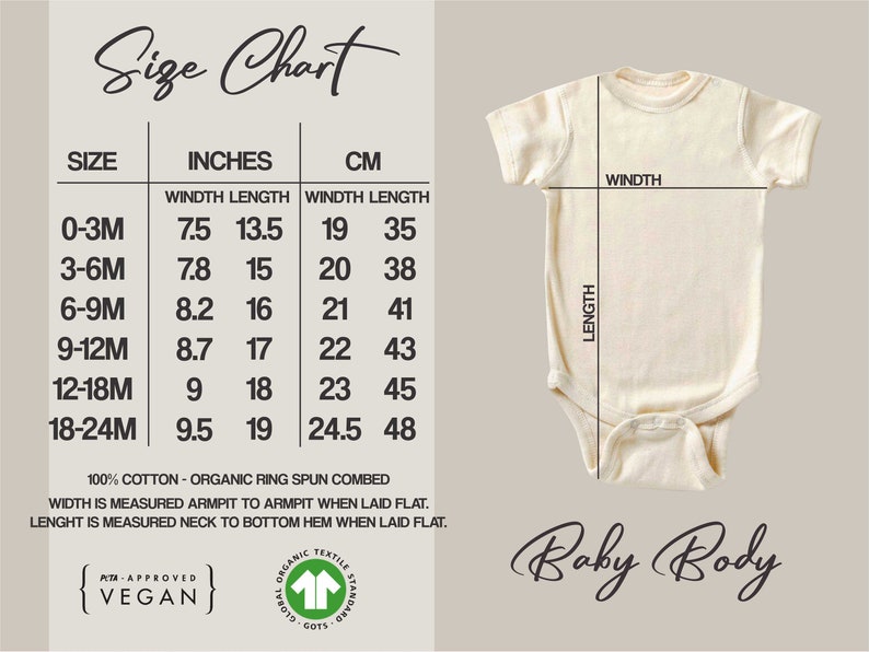 K&ouml;nnte beinhalten: Gr&ouml;&szlig;entabelle f&uuml;r Baby-Bodys in Zoll und Zentimetern. Die Tabelle zeigt die Breiten- und L&auml;ngenma&szlig;e f&uuml;r die Gr&ouml;&szlig;en 0-3M, 3-6M, 6-9M, 9-12M, 12-18M und 18-24M. Die Tabelle enth&auml;lt auch den Text "100% Baumwolle - Bio-Ringspinn-Garn", "Breite wird von Achsel zu Achsel gemessen, wenn flach gelegt", und "L&auml;nge wird vom Hals bis zum unteren Saum gemessen, wenn flach gelegt". Die Tabelle enth&auml;lt auch den Text "ATA-APPROVED {VEGAN}" und ein GOTS-zertifiziertes Logo.