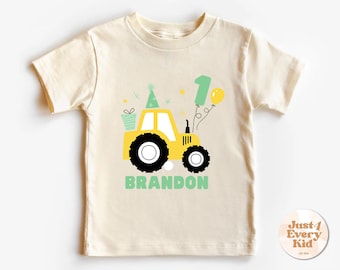 Birthday Tractor with Name Natural Tee, Kids Custom Shirt, Boy Farm T-Shirt, Personalized Tractor Toddler Shirt, Farmer Tractor Tee