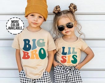 Big Bro Big Sis Lil Bro Lil Sis Passende Geschwister Shirts, Retro Bruder Schwester T-Shirts, Familienmitteilung Outfit