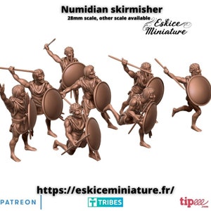 May include: A group of brown Numidian skirmisher miniatures, each holding a spear and shield. The figures are in various dynamic poses, suggesting action. Text on the image reads "Numidian skirmisher" and "28mm scale, other scale available."