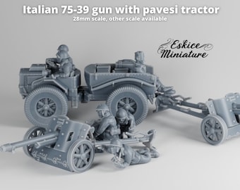 Italian 75/39 AT Gun with Tow Tractor - 3D Resin Printed, 28mm Scale