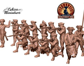 May include: A collection of miniature figures depicting line infantry soldiers in uniform, from the American Revolutionary War. The figures are in various poses, including kneeling and standing, and are holding rifles. The text "Line infantry in uniform - Serie 2" is visible.
