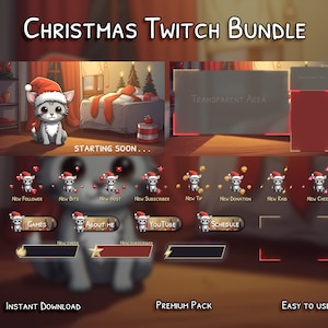 Twitch Overlay Christmas Cat Pack | Stream Overlays Animated Package | Twitch Alerts Panels Screens Labels Overlays Bundle