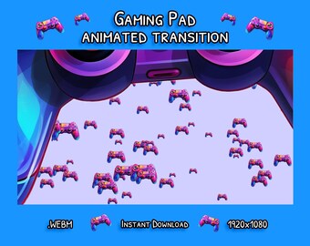 May include: Animated transition effect featuring a purple and pink video game controller with a white background. The text "GAMING PAD ANIMATED TRANSITION" is at the top of the image. The text ".WEBM INSTANT DOWNLOAD 1920x1080" is at the bottom of the image.