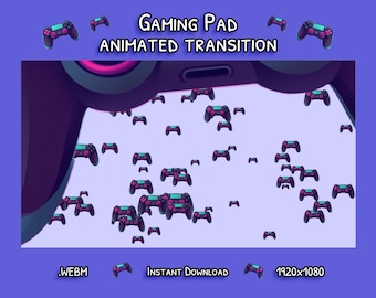 May include: Animated transition effect featuring a purple and pink gaming controller falling against a white background. The text "GAMING PAD ANIMATED TRANSITION" is at the top of the image. The text ".WEBM INSTANT DOWNLOAD 1920x1080" is at the bottom of the image.