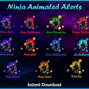 Alertas Twitch animados | Alertas de transmissão | Pacote de alertas Ninja Twitch