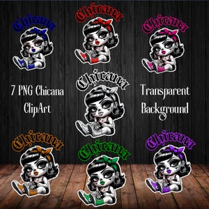 May include: Seven digital illustrations of a cartoon girl with black hair, wearing a red, blue, orange, green, purple, black, or white bandana, holding a glass of liquid. Each image has the word "Chicana" written in a different color above the girl.