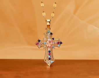 Pave Colorful Zirconia Cross Necklace: Titanium Steel Gold Pendant