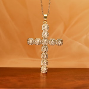 Croce ghiacciata in titanio oro 14K/catene per clavicola in acciaio al titanio/regalo di Natale per lei/collana da viaggio/pendente a croce hip hop per uomo