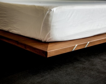 The Floating - Platform Bed Frame - Solid Wood - Solid Steel - Walnut with Aluminum Inlay accent - Handmade in USA