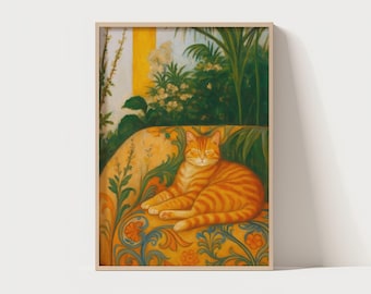 Orange getigerte Katze Kunstdruck - Botanische Katzen Kunst | Vintage Katzenliebhaber Geschenk | Digitaler Download | 300 DPI