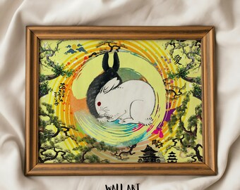 笑顔のうさぎの肖像画、ヴィンテージ風うさぎのイラスト｜浮世絵風