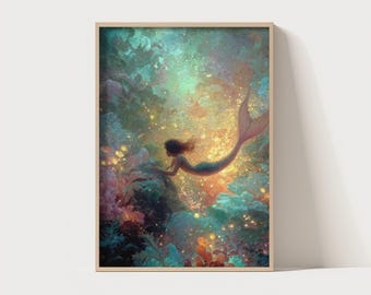 Dreamy Mermaid Wall Art – Underwater Fantasy Digital Print for Kids Room – 300 DPI