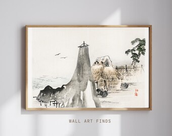 Kōno Bairei Village & Cliff Print – Japanese Sumi-e Landscape Art | Vintage Coastal Scene | Minimalist Zen Wall Decor | Digital Download