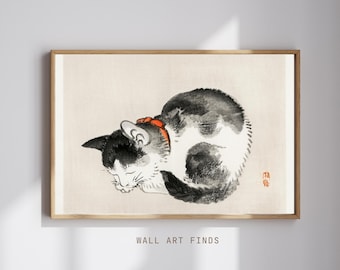 Sleeping Cat Print: Vintage Japanese Sumi-e Ink Art (Digital Download)
