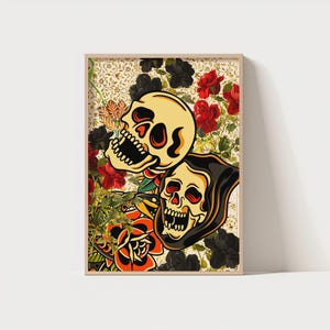 Floral Skull Art Print: Retro Tattoo-Inspired Wall Decor (Digital Download 300 DPI)