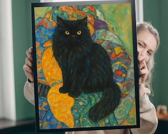 Schwarze Katze Wandbild - Buntes Abstraktes Bild zum Ausdrucken | Digitales Katzen Poster | Boho Tier Kunst | Skurril Haustier Dekor | 300 DPI JPG